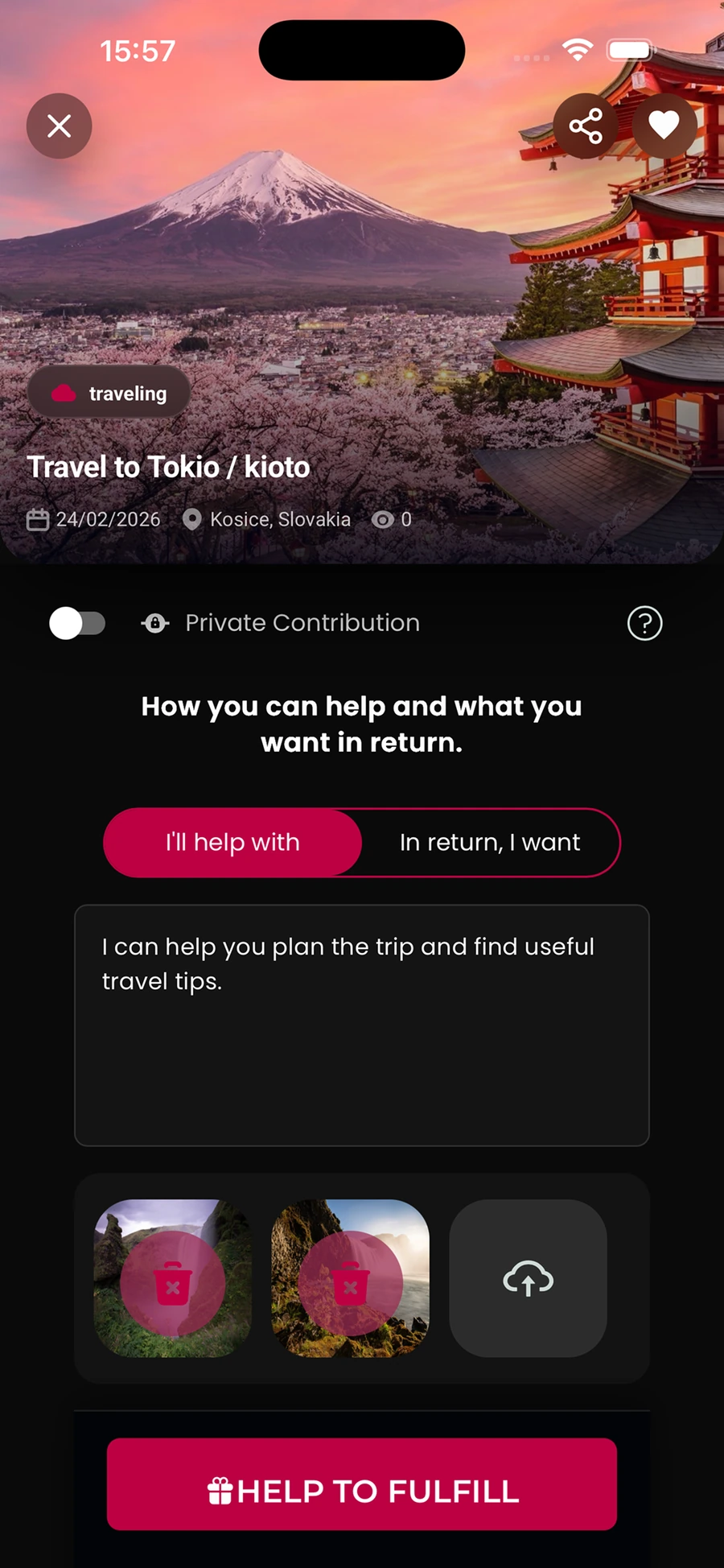 The offer-to-help flow in the real dreamhubb app