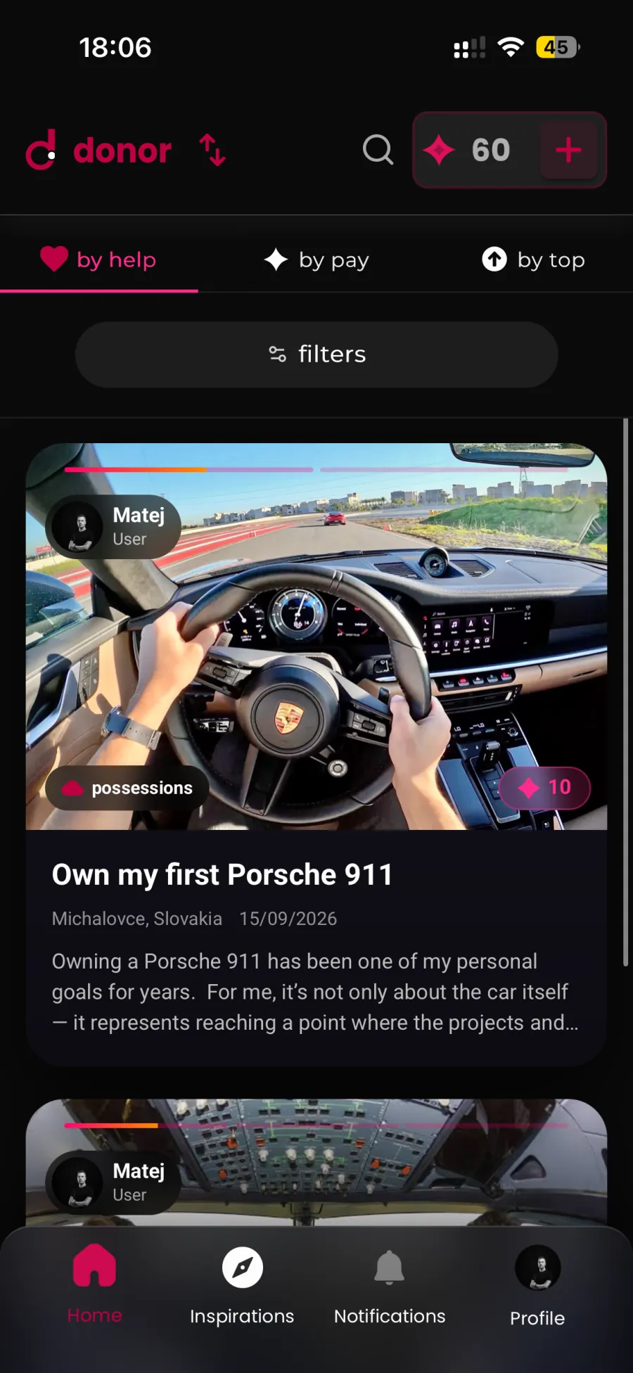 Hlavný feed reálnej aplikácie dreamhubb