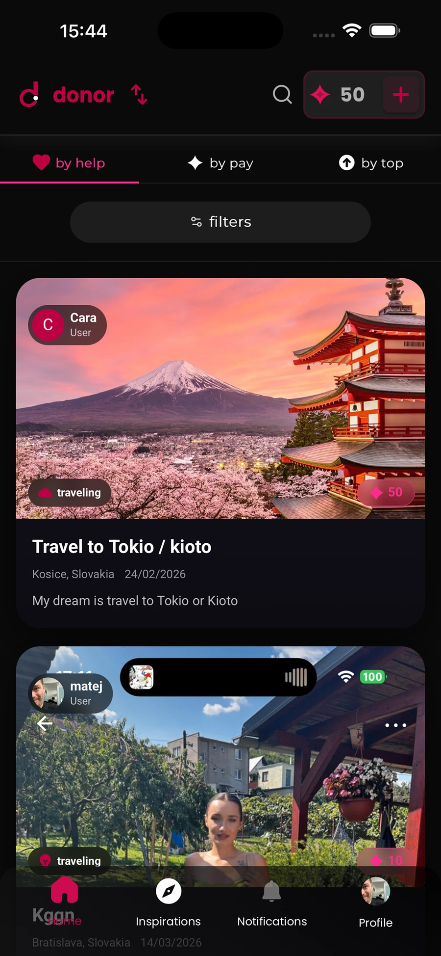 The main feed in the real dreamhubb app