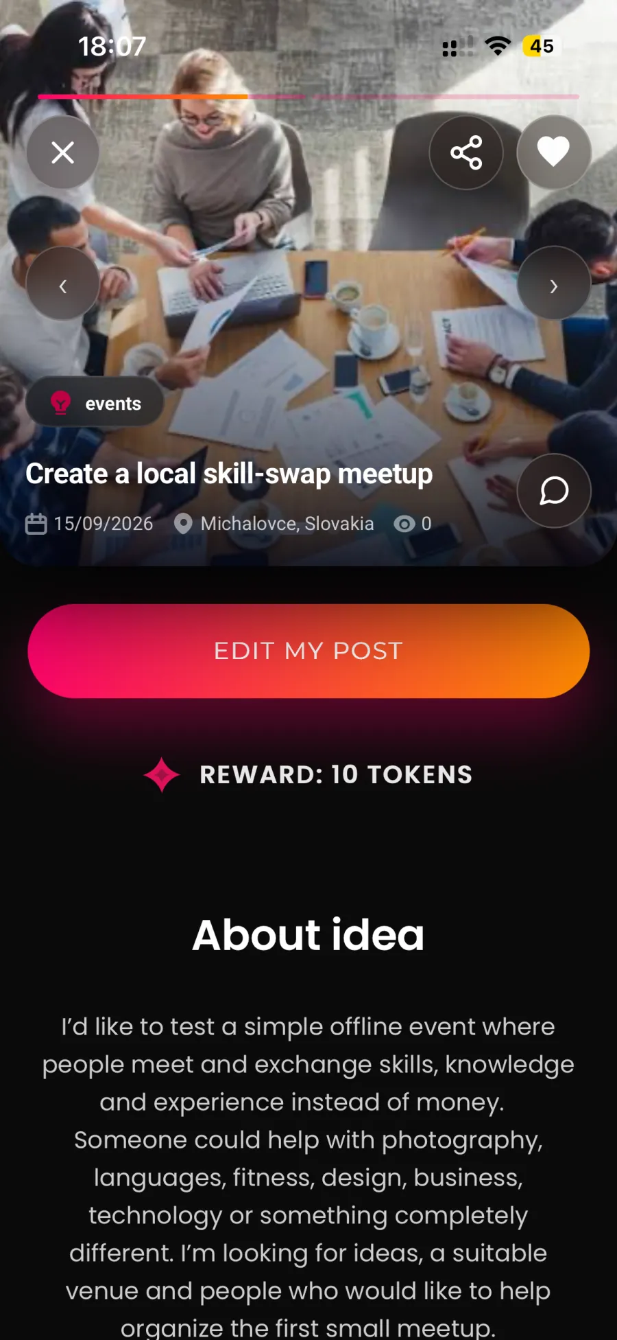 Detail nápadu v reálnej aplikácii dreamhubb