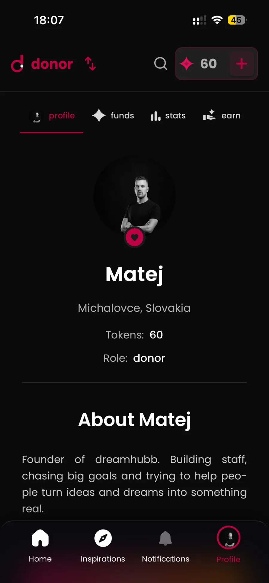 Profil Mateja v aplikácii dreamhubb